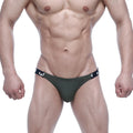 Dark green MetroMaleWear SUP bikini briefs with black elastic waistband and white lettering for athletic use