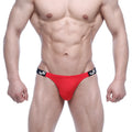 Red athletic briefs with black waistband and white sup branding from metromalewear sup bikini valentine red 3604-12