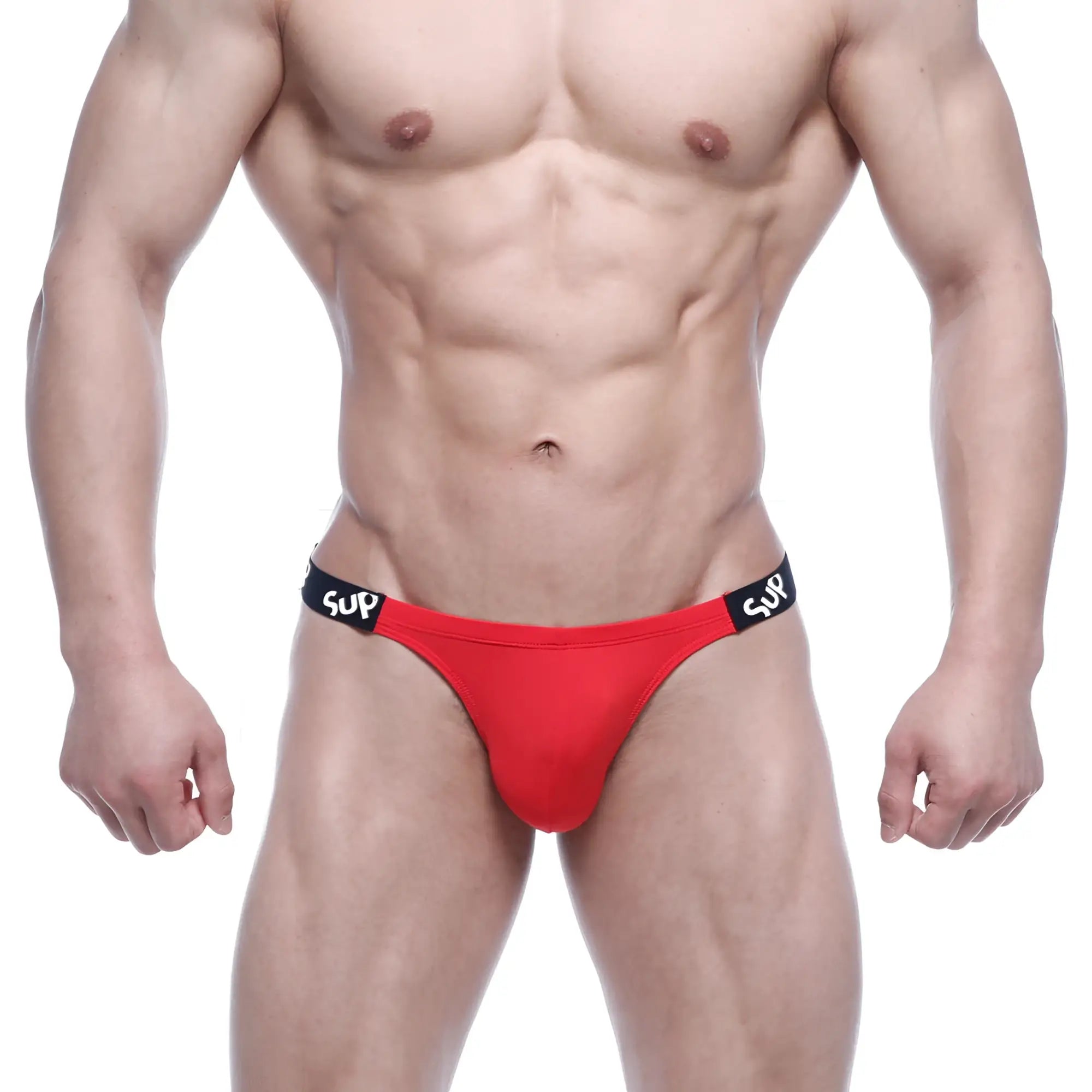 Red athletic briefs with black waistband and white sup branding from metromalewear sup bikini valentine red 3604-12