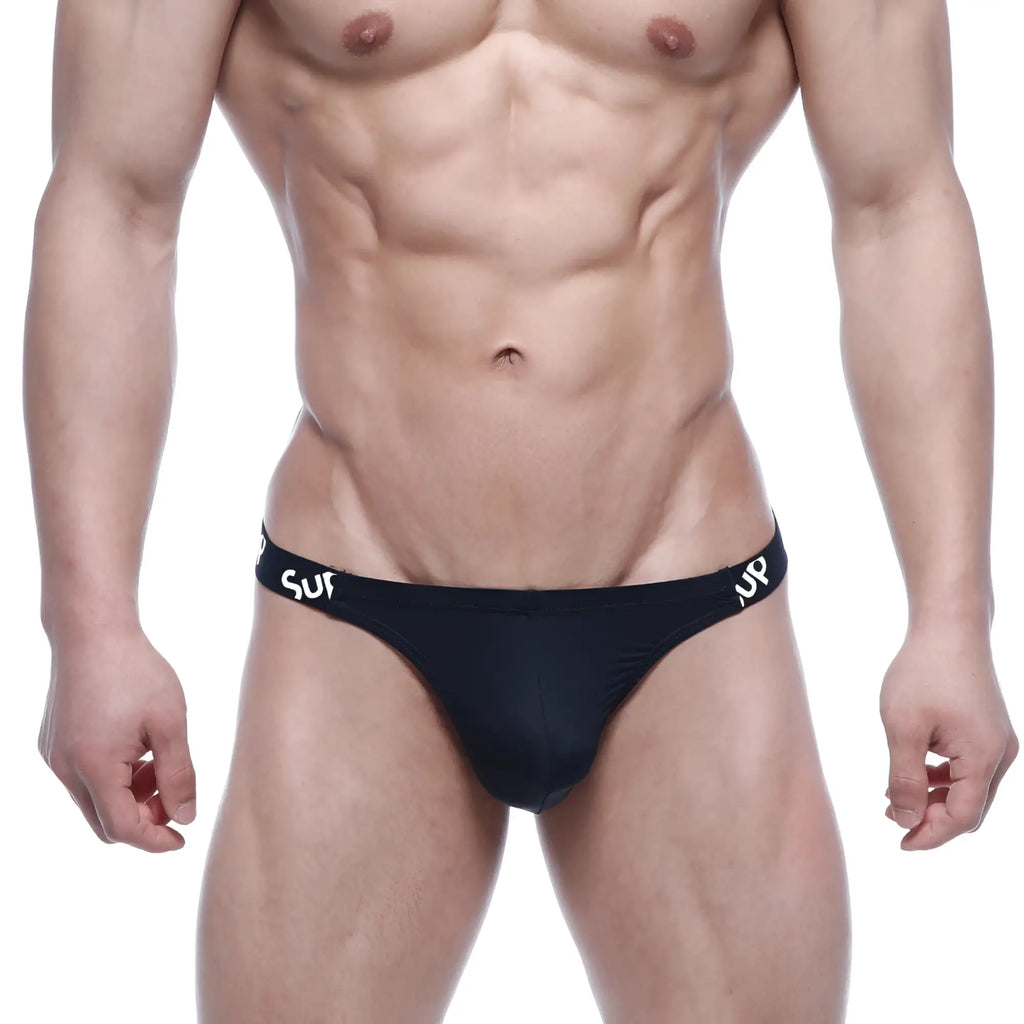 Black briefs with a sleek form-fitting design and white sur branding on the waistband by metromalewear sup thong
