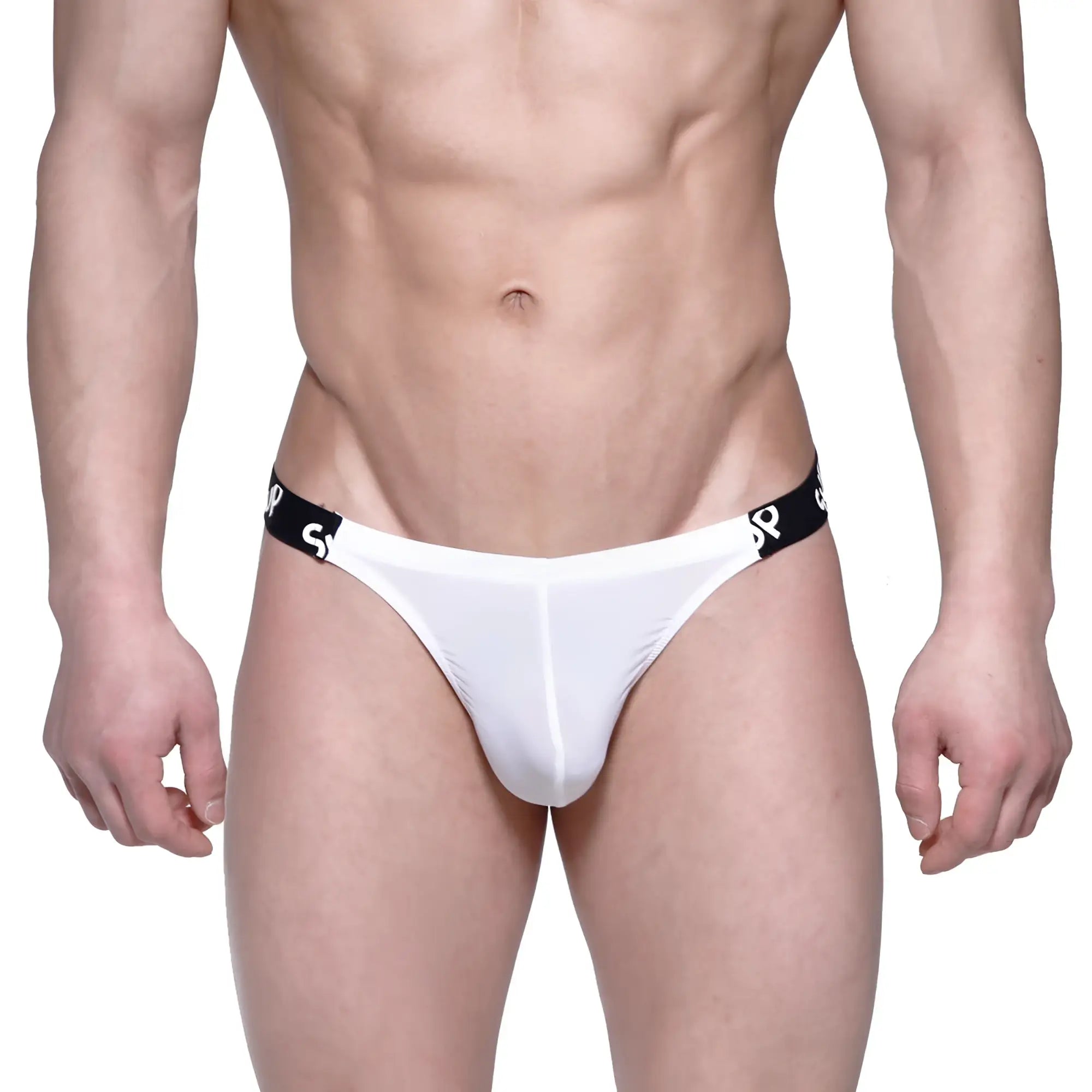 White thong with black elastic waistband featuring repeating logo pattern from MetroMaleWear SUP Thong 3602-00