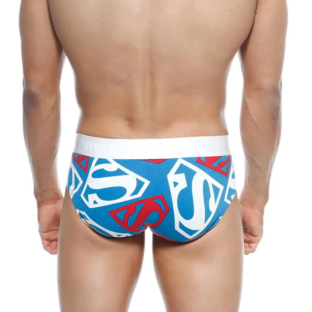 MetroMaleWear super hero hip brief 5003-99 in blue and red Superman logo pattern with white waistband