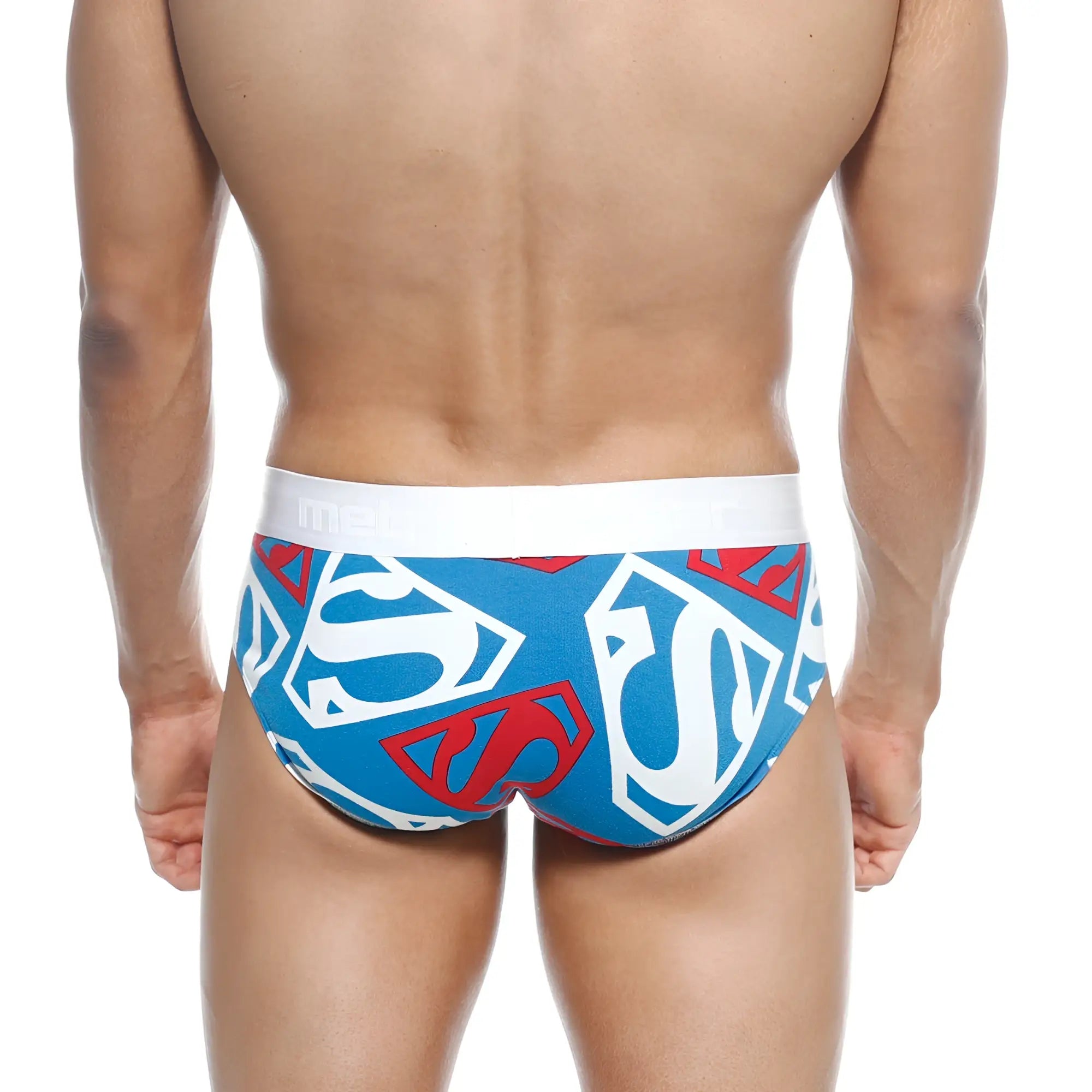 MetroMaleWear super hero hip brief 5003-99 in blue and red Superman logo pattern with white waistband