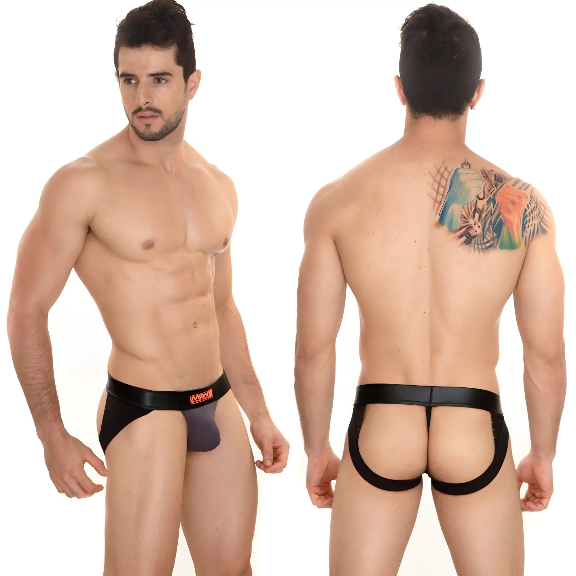 Black leather thong with purple inner panel and orange logo on waistband from metromalewear super jock strap charcoal 2001-11