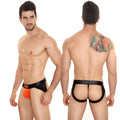 Black and orange men’s thong with black elastic waistband featuring metroMaleWear brand logo