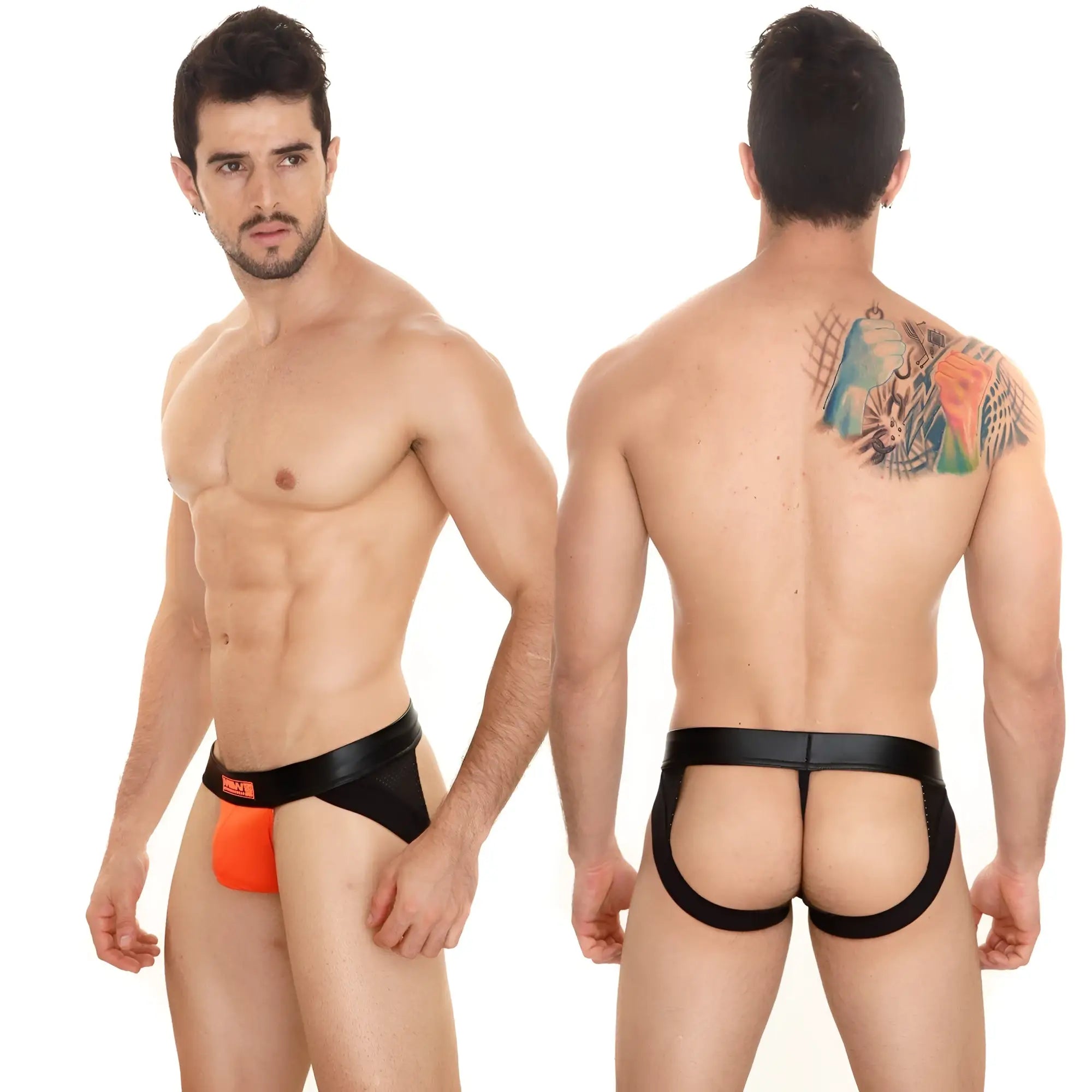 Black and orange men’s thong with black elastic waistband featuring metroMaleWear brand logo