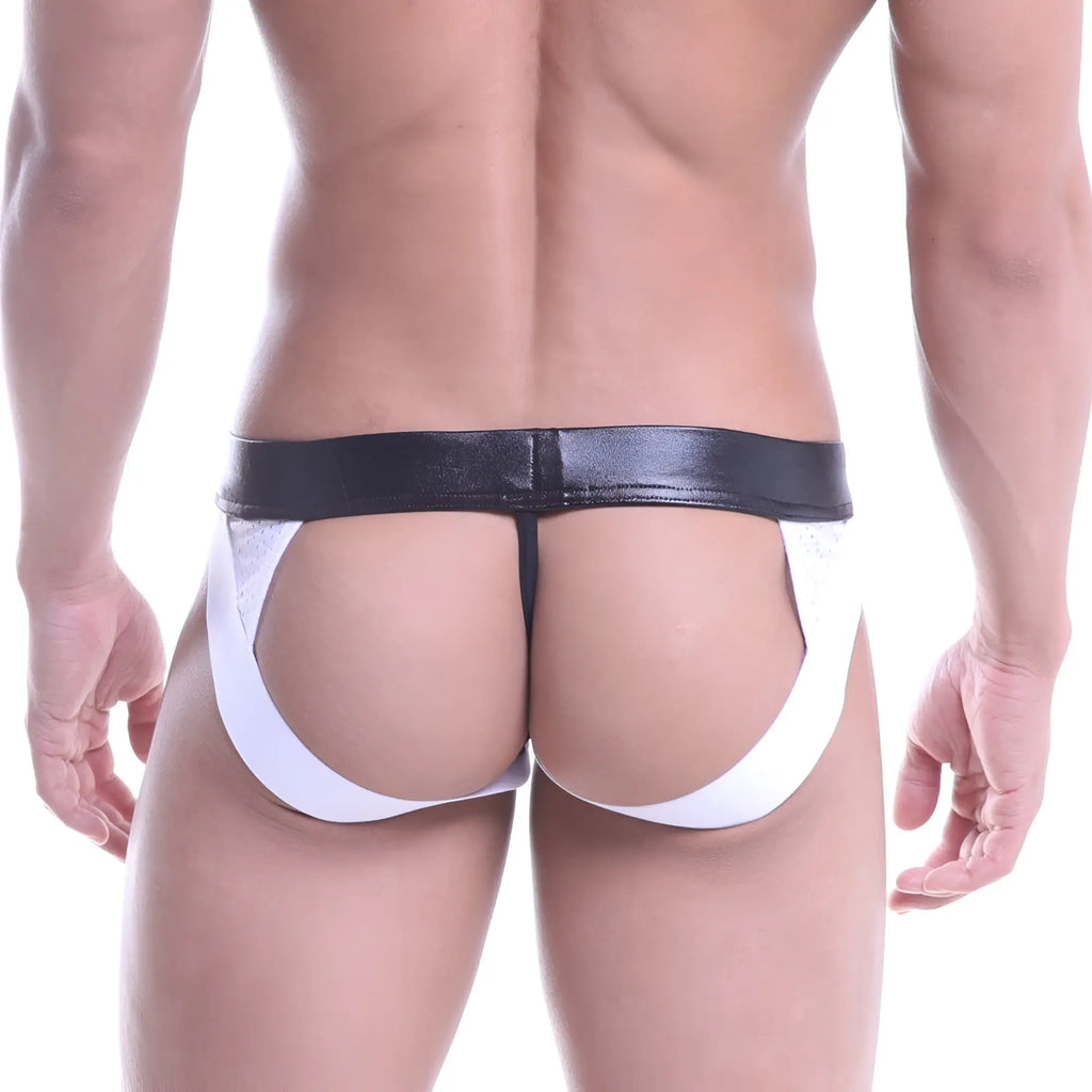 Black and white leather-like sleek metro male wear super jock strap briefs showing front design