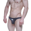Dark gray batman-themed super lowrise bikini briefs with white logo front from metromalewear model 6115-64