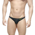 Black m2w brand sleek form-fitting thong with neon yellow logo on waistband metroMalewear super lowrise bikini