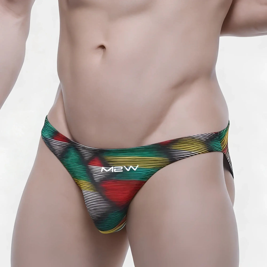 M2w mens briefs metro male wear super lowrise bikini cebada 6115-80 with vibrant red green yellow and black geometric pattern