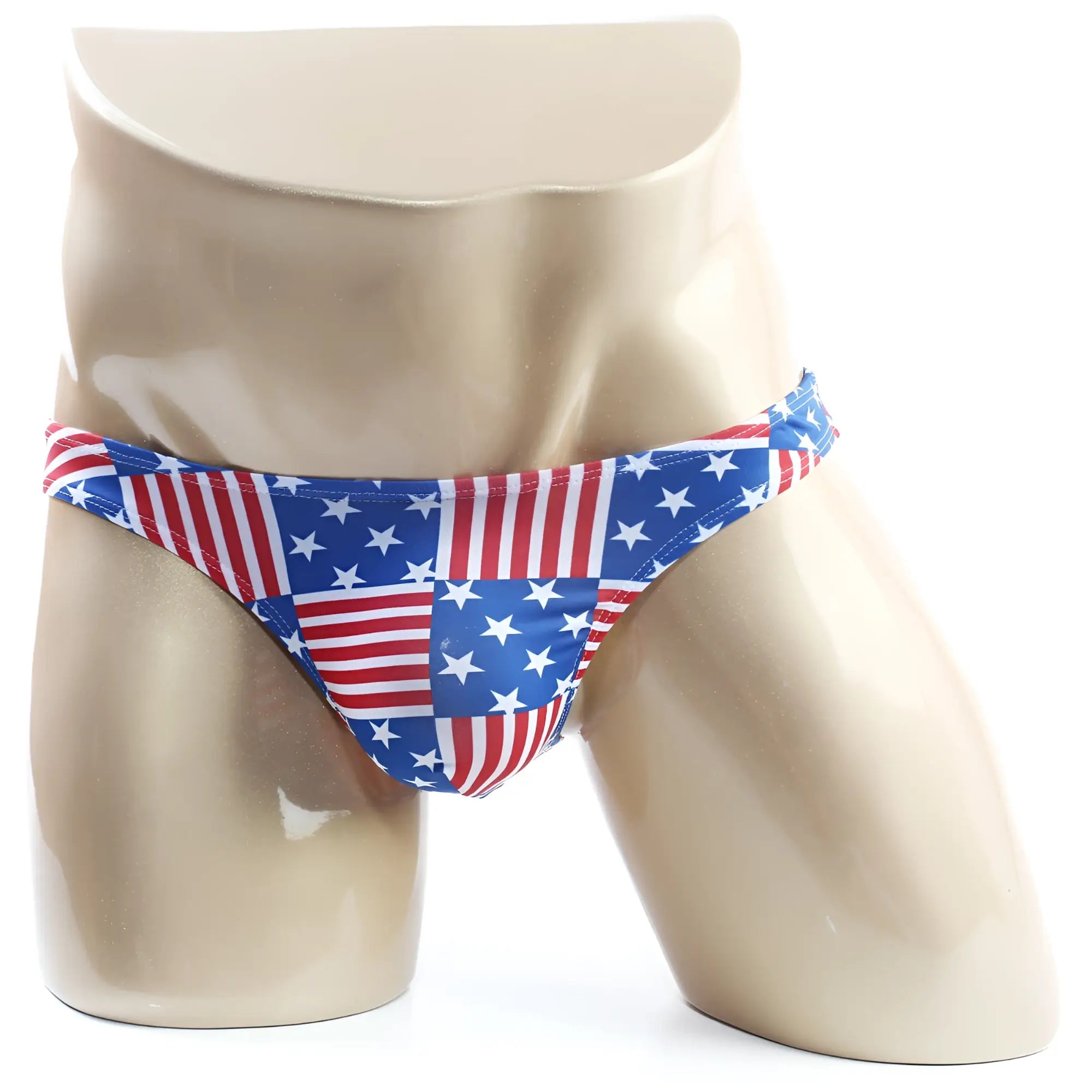 MetroMaleWear super lowrise bikini swim trunks with American flag patchwork design in red white and blue