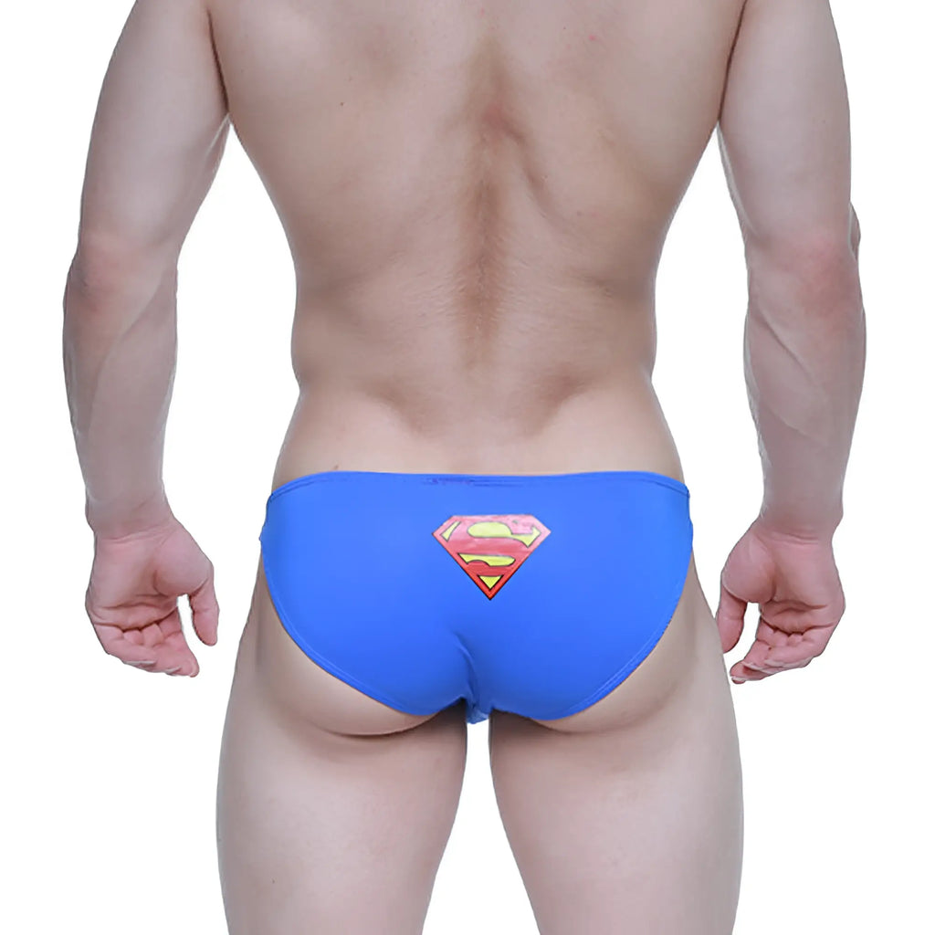 Metro male wear super lowrise bikini swim trunks in bright blue with superman logo for stylish beachwear