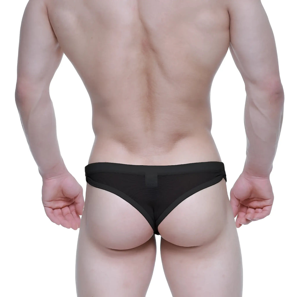 Black mesh metro male wear super lowrise thong briefs with solid black waistband showing front view