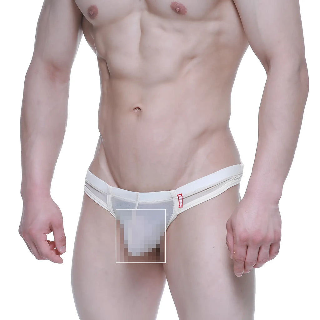 White sheer mesh briefs with a red brand tag on the waistband by metromalewear super lowrise thong nude 6109-02