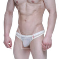 White sheer mesh briefs with a red brand tag on the waistband by metromalewear super lowrise thong nude 6109-02