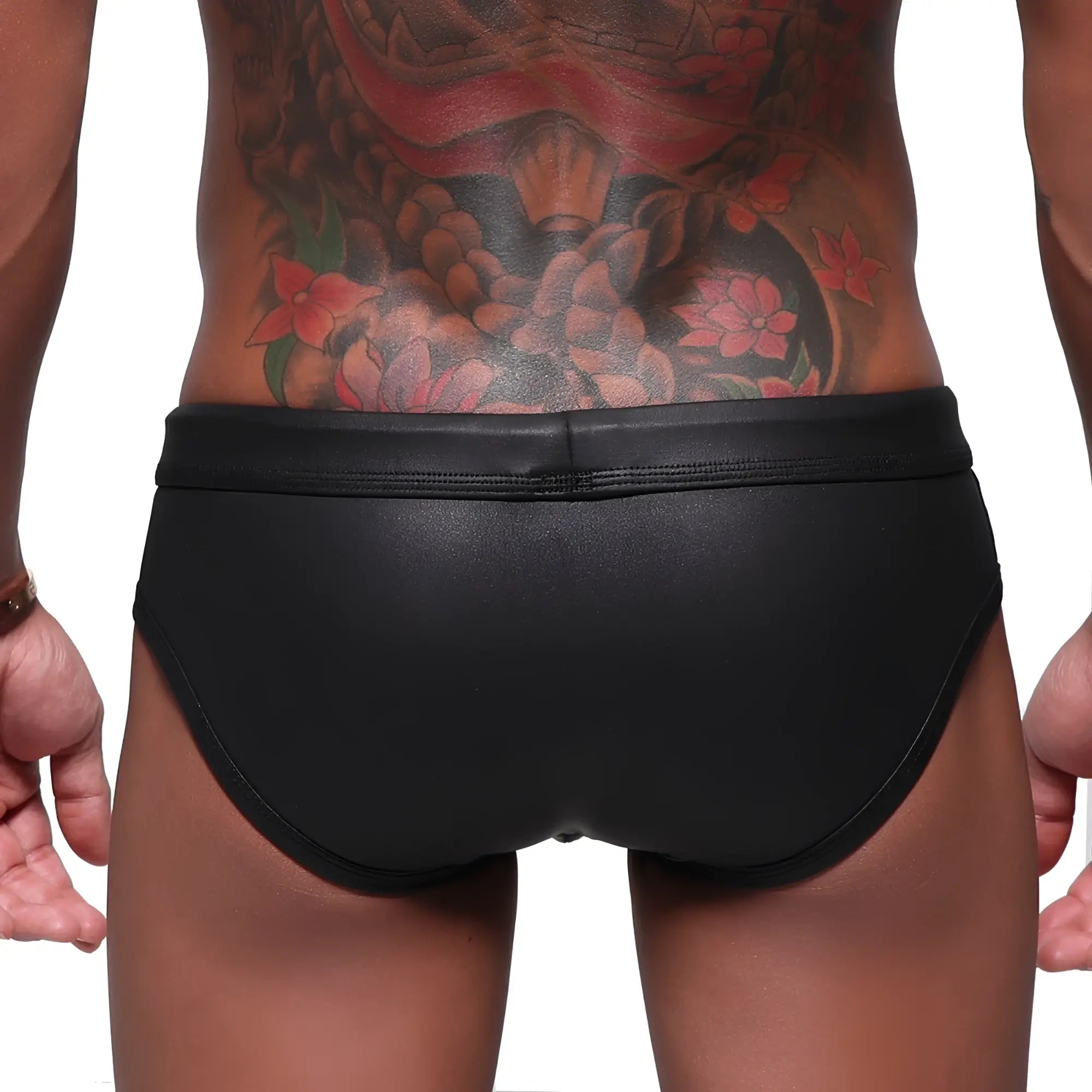 Black leather-like MetroMaleWear Super M swim brief 4916-SP10 with a smooth glossy finish and snug fit