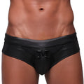 Black shiny faux leather swim trunks with bold m logo buckle front from MetroMaleWear super m swim brief 4916-sp10