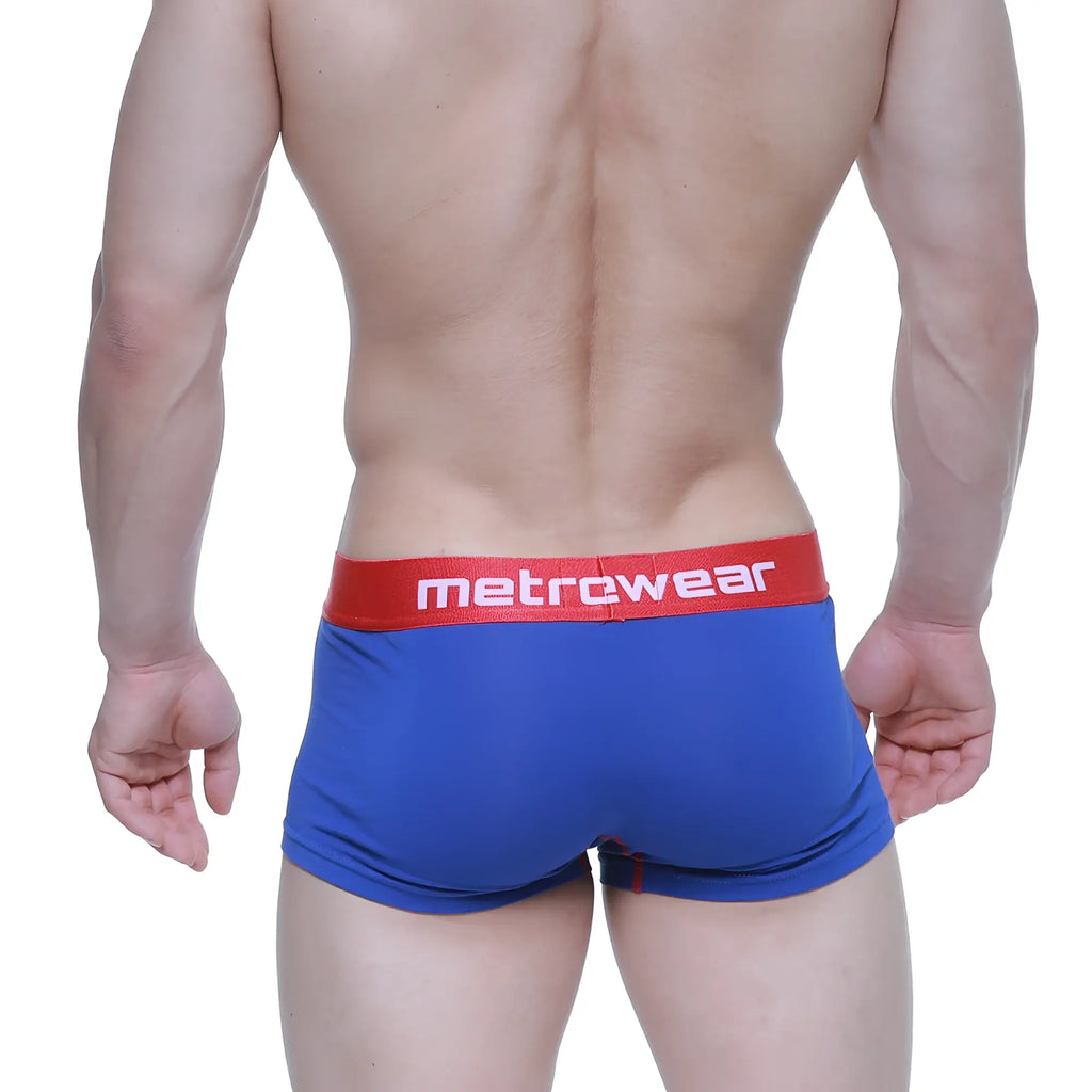 Blue metrowear boxer briefs with red waistband and white lettering from metro malewear superman trunk 6123-18