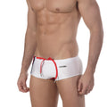 MetroMalewear surf swim boxer white with red blue side stripes and matching red drawstring for men