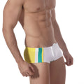 White MetroMaleWear surf swim boxer with bold yellow and teal vertical stripes for beach and pool use