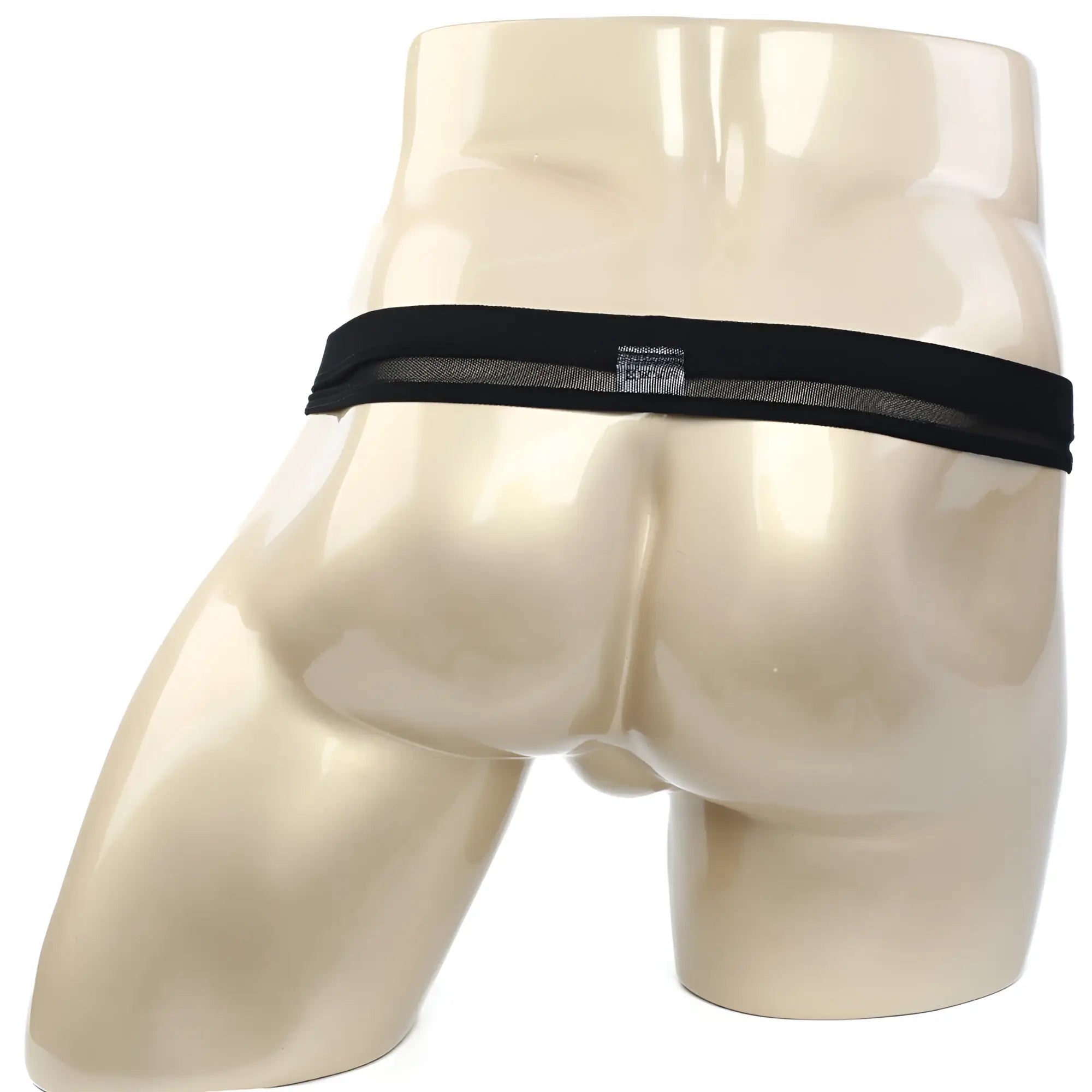 MetroMaleWear Suspensory black mesh briefs with a solid black elastic waistband front view