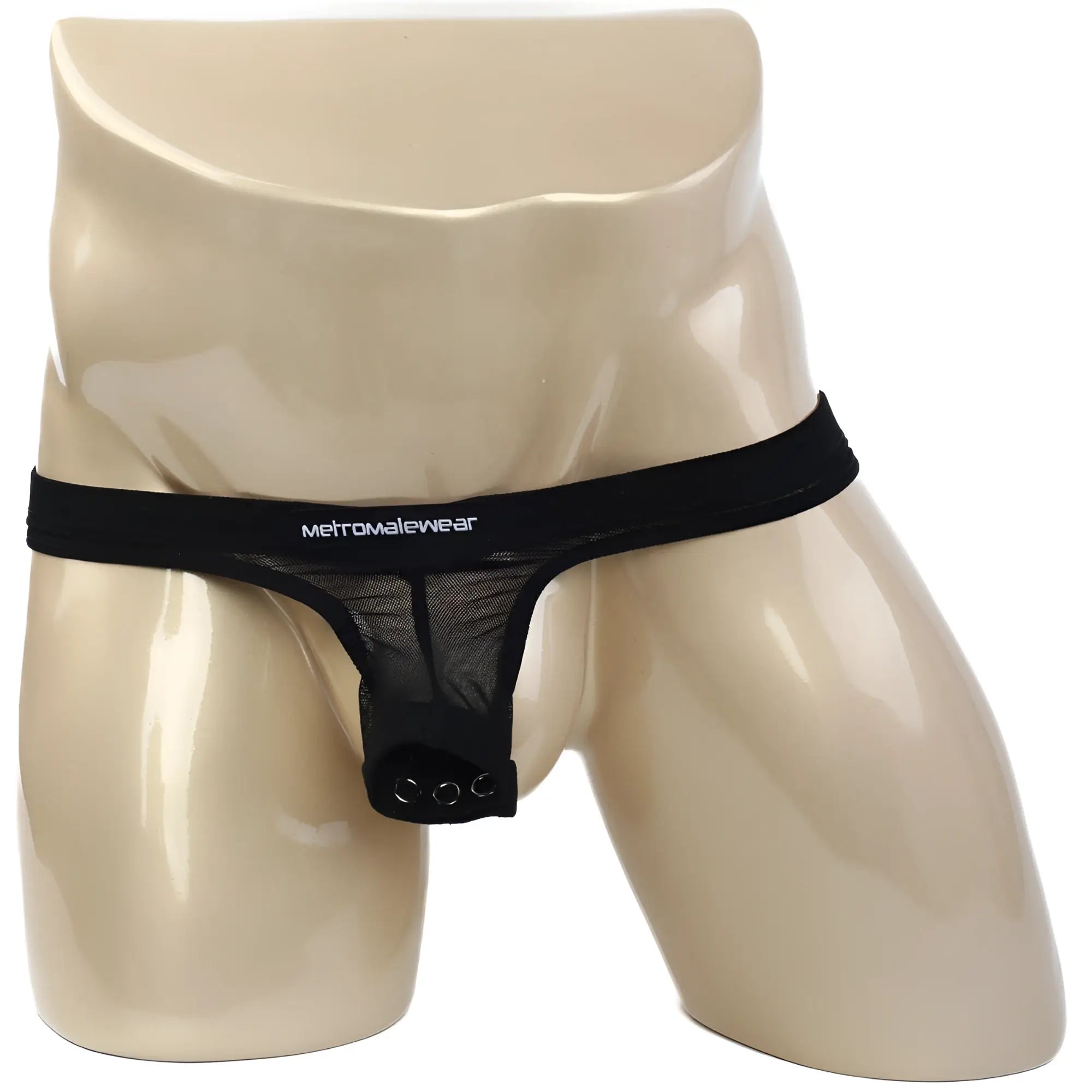 Black mesh thong with solid black waistband branded metromalewear in white from MetroMaleWear Suspensory 0003-70 collection