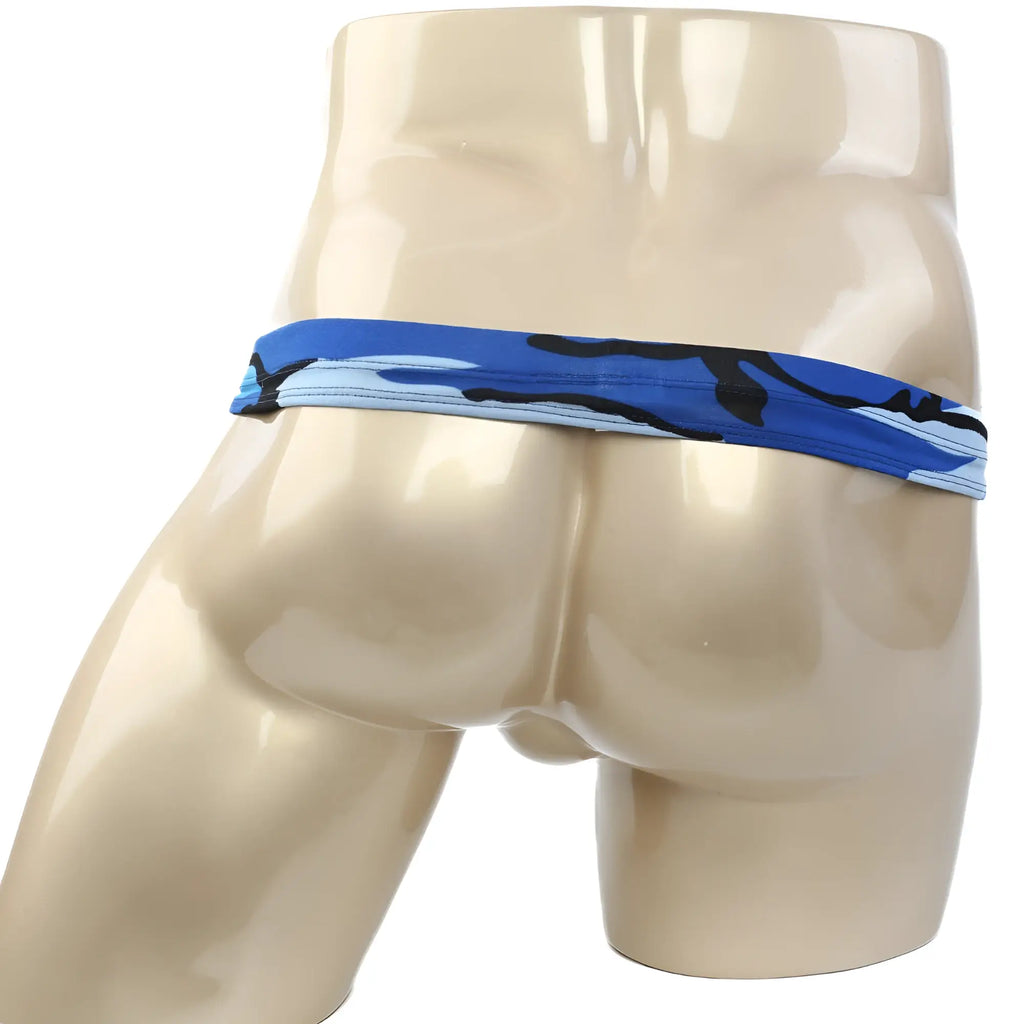 Metro male wear suspensory camo blue 0003-60 blue and black camouflage briefs on a mannequin front view