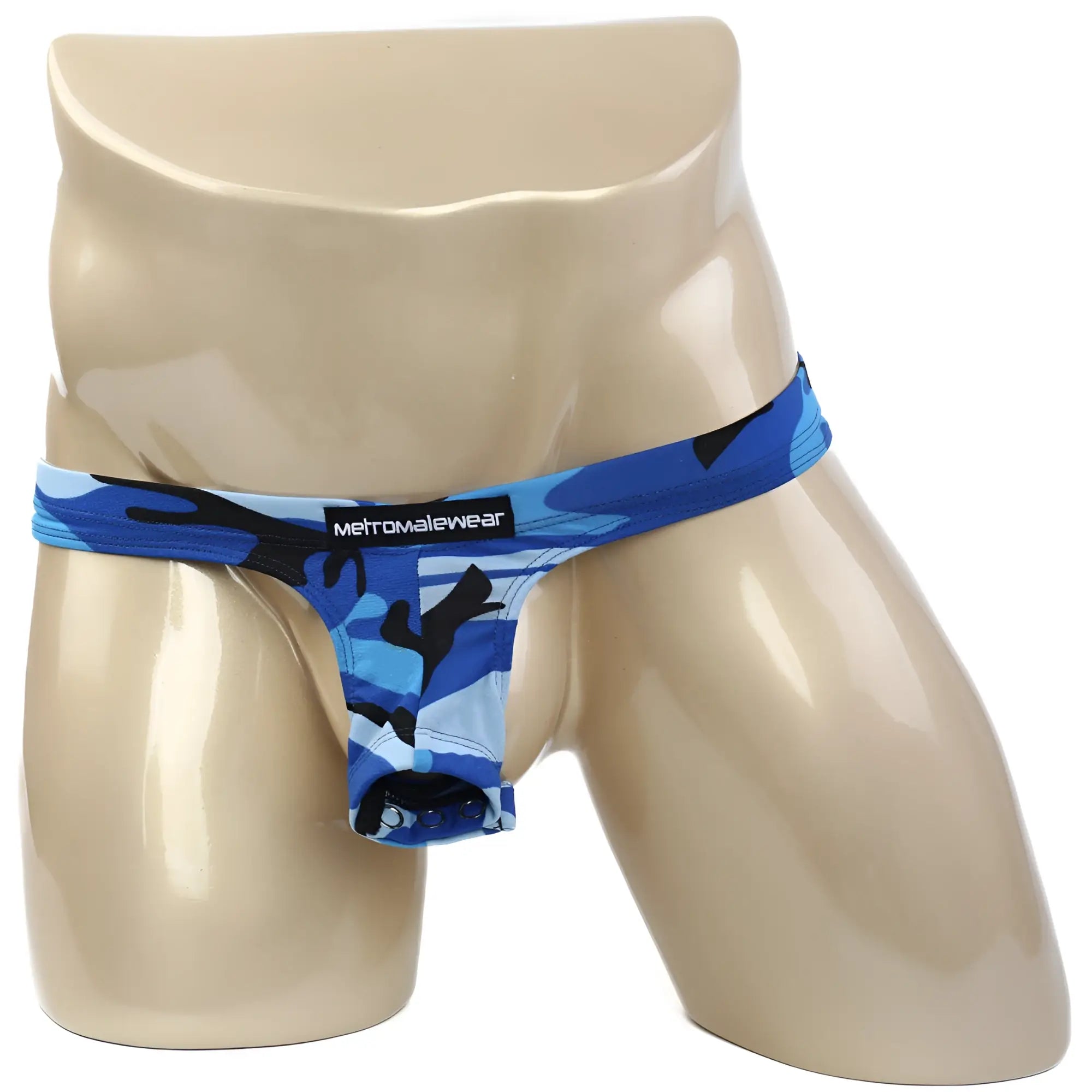 MetroMaleWear suspensory camo blue men’s thong in blue and black camouflage pattern designed for comfort and style
