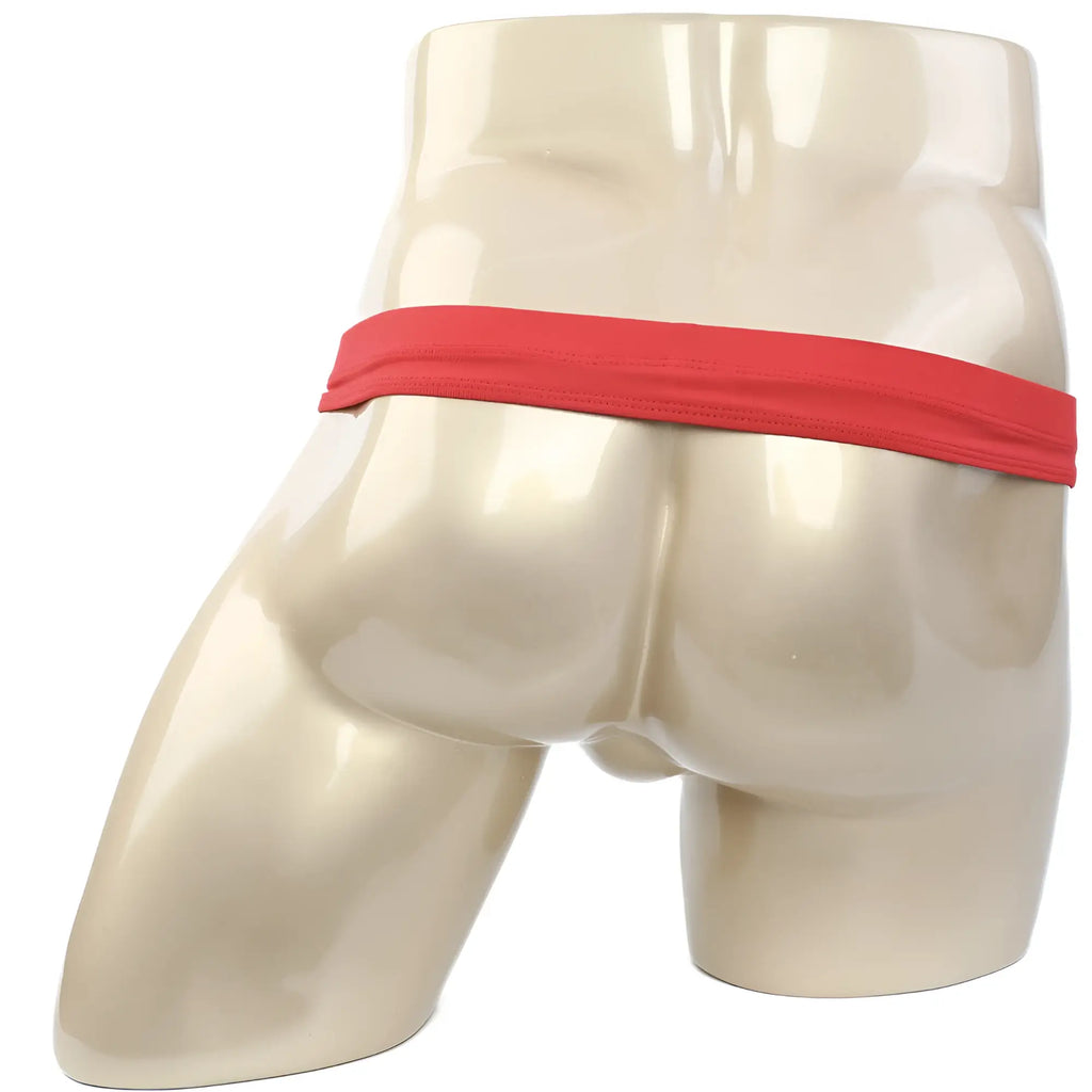Red elastic waistband briefs by metromalewear featuring suspensory design in vibrant red shown on mannequin
