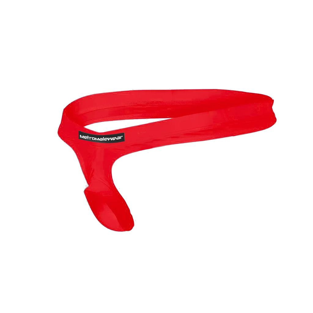 Red silicone headband with black metromalewear label from MetroMaleWear suspensory collection model 0003-12