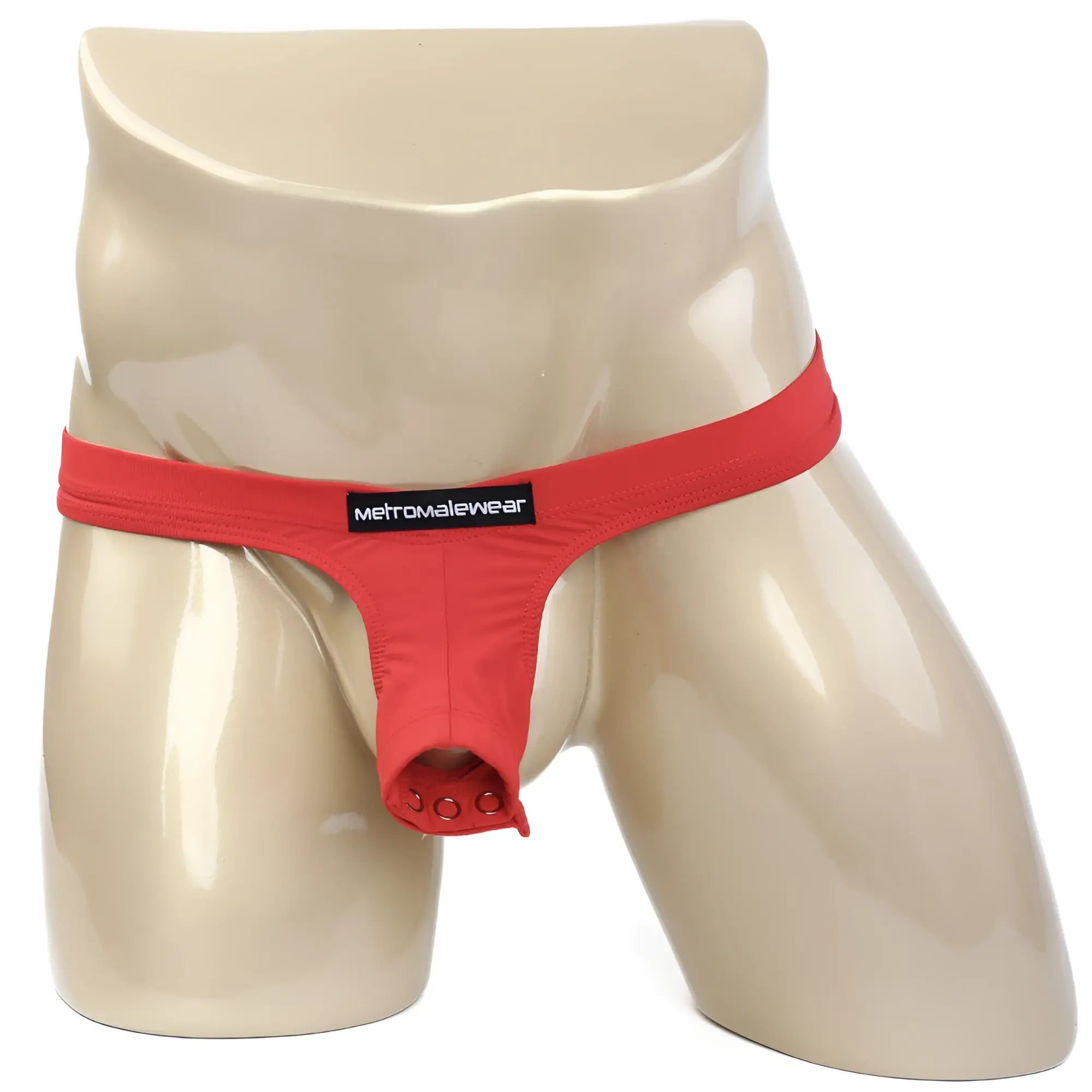 Red metromalewear suspensory 0003-12 thong made of stretchy fabric with front button closure