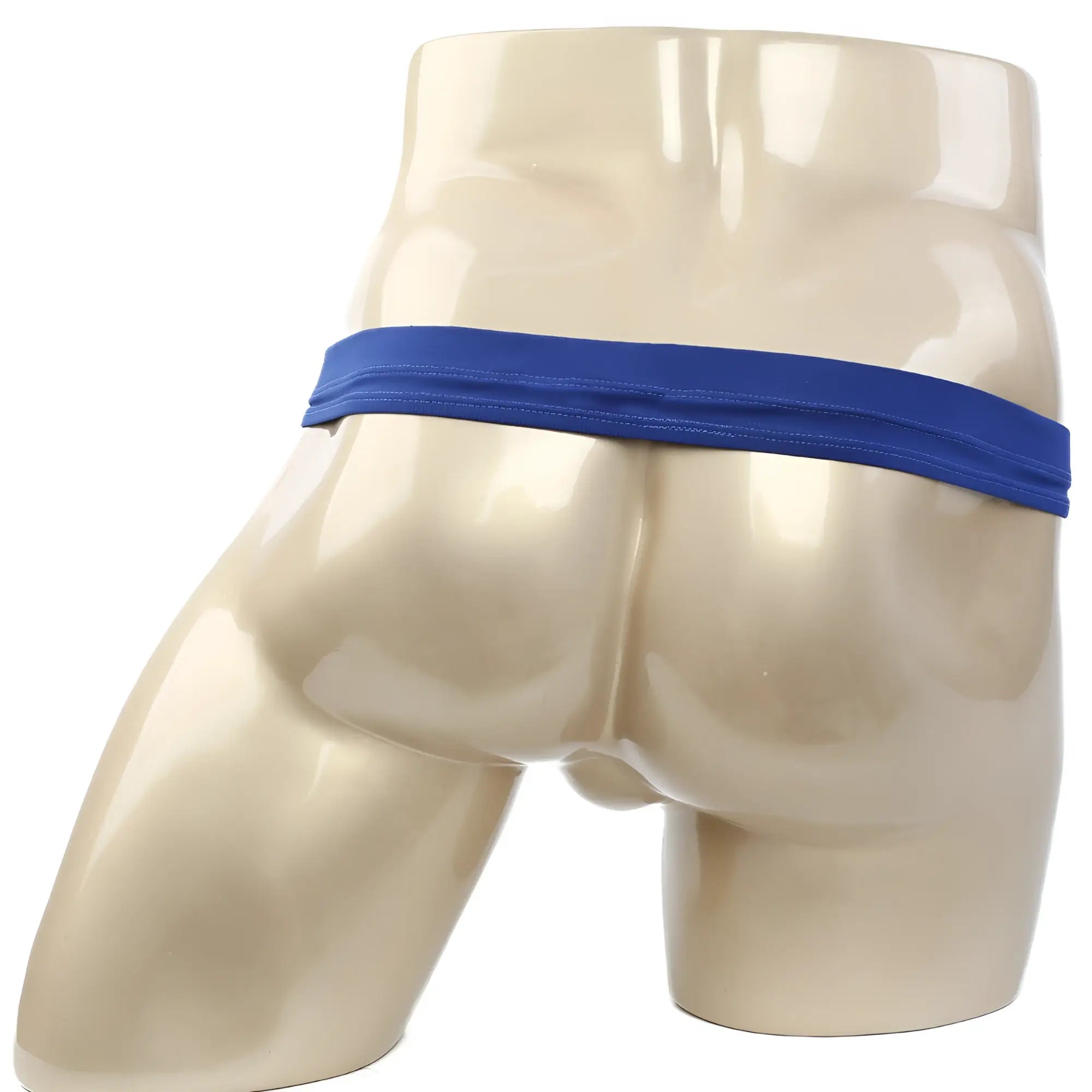 MetroMalewear suspensory royal blue briefs with blue elastic waistband displayed on mannequin front side