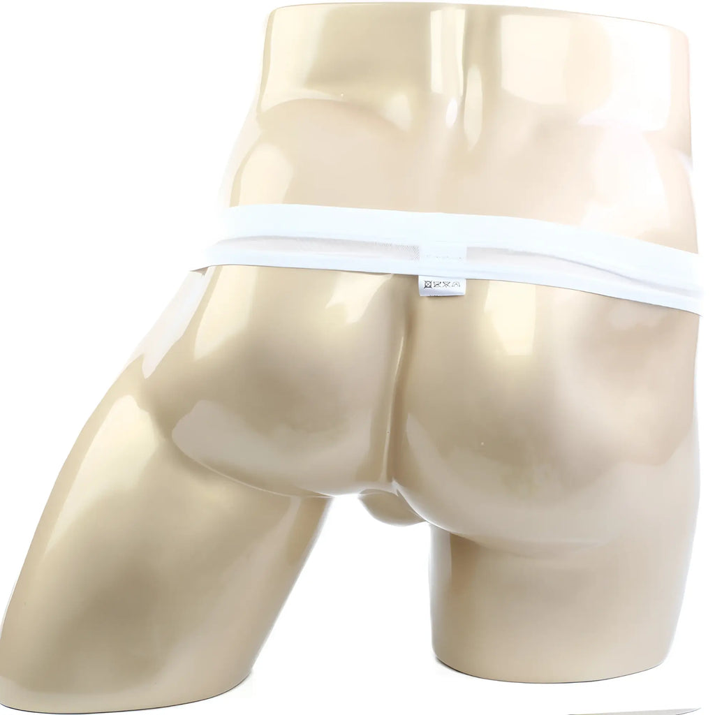White elastic waistband briefs in mesh material by MetroMaleWear displayed on a mannequin front view