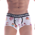 White men’s briefs with colorful cupcake print and black metromalewear elastic waistband metroMaleWear sweet cake short boxer 7 inches