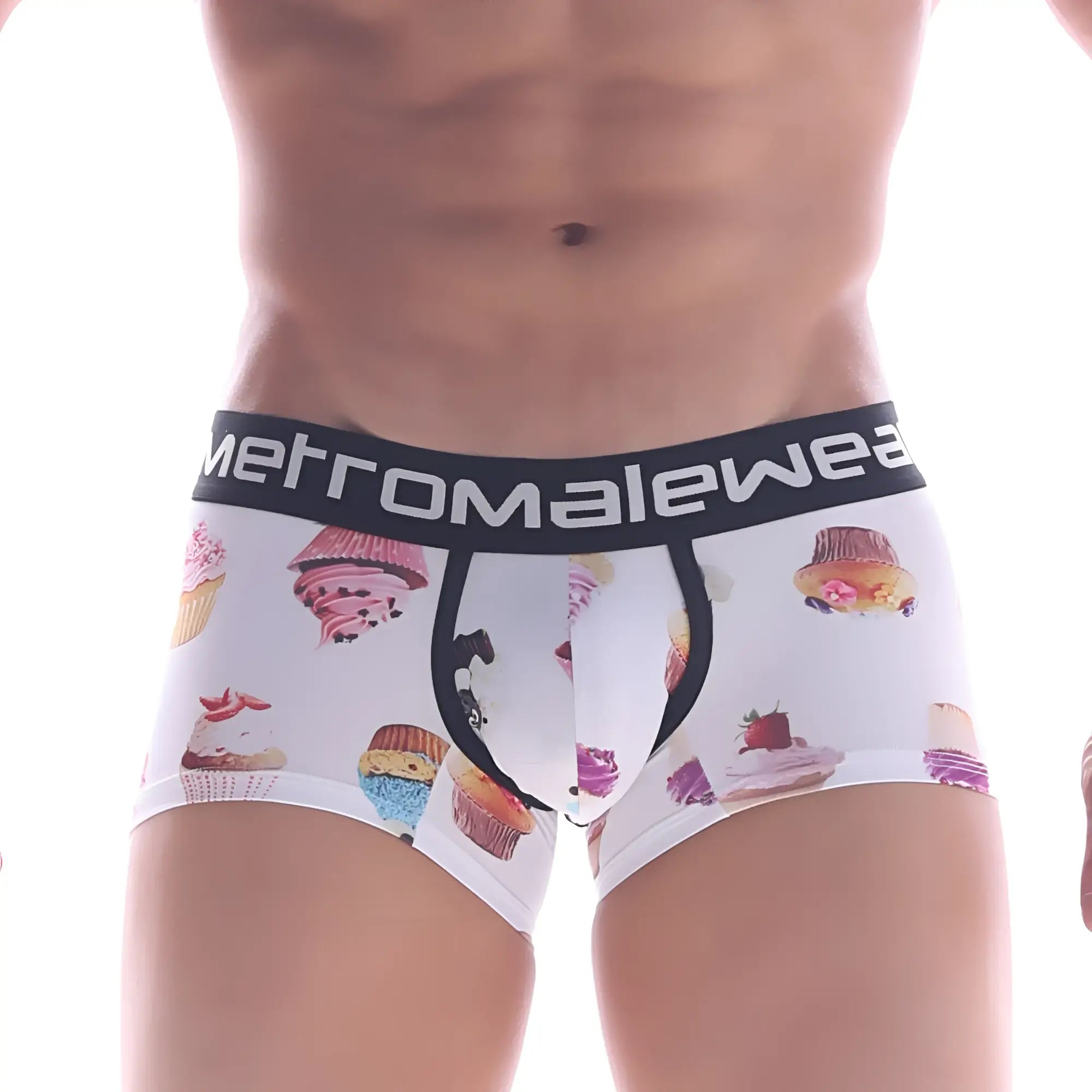 White men’s briefs with colorful cupcake print and black metromalewear elastic waistband metroMaleWear sweet cake short boxer 7 inches