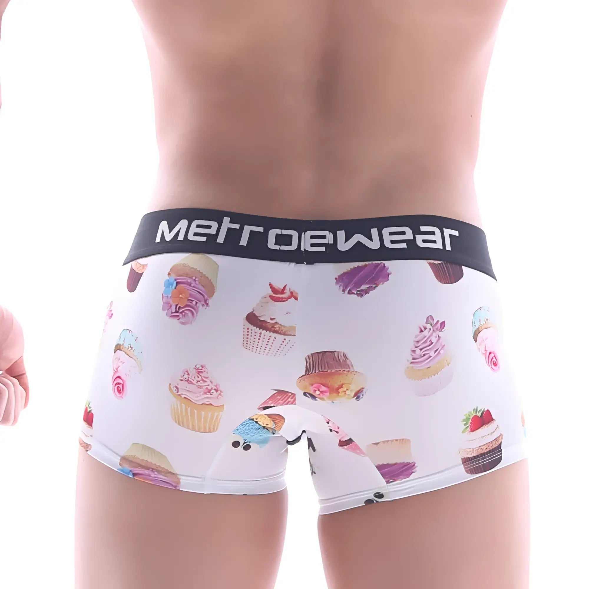 White men’s briefs with colorful cupcake pattern and black metrowear waistband metro male wear sweet cake short boxer