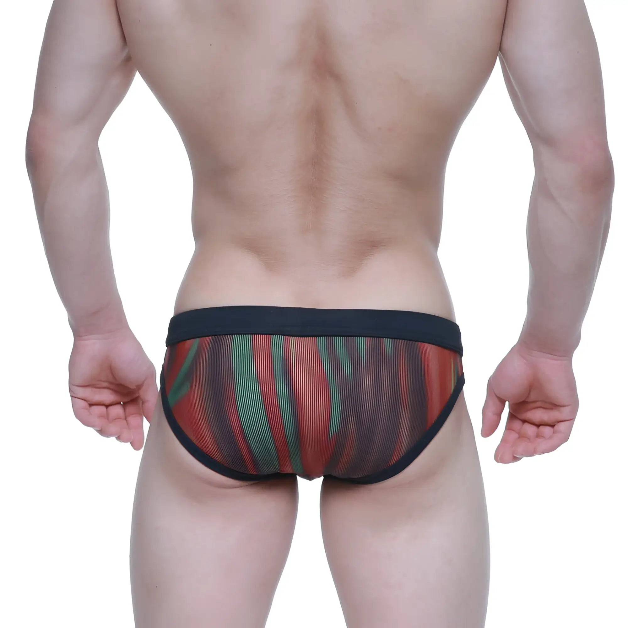 Red and green striped mesh briefs with black elastic waistband MetroMaleWear swim bikini Fire 4920-70