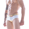 White swim trunks with gold mesh pattern on waistband and legs featuring a white drawstring by MetroMaleWear