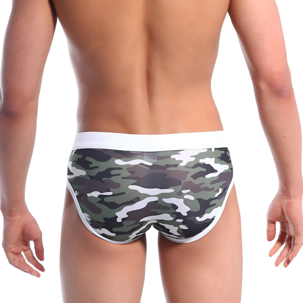 MetroMaleWear swim briefs green camo 4916-16 green and white camouflage pattern with solid white waistband