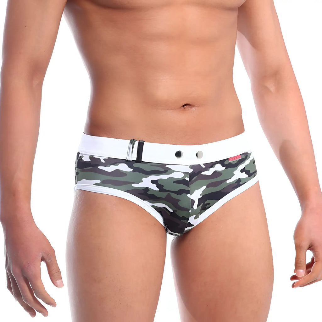 Metro malewear swim brief green camo features green and white camouflage pattern with white waistband and silver hardware