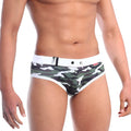 Metro malewear swim brief green camo features green and white camouflage pattern with white waistband and silver hardware