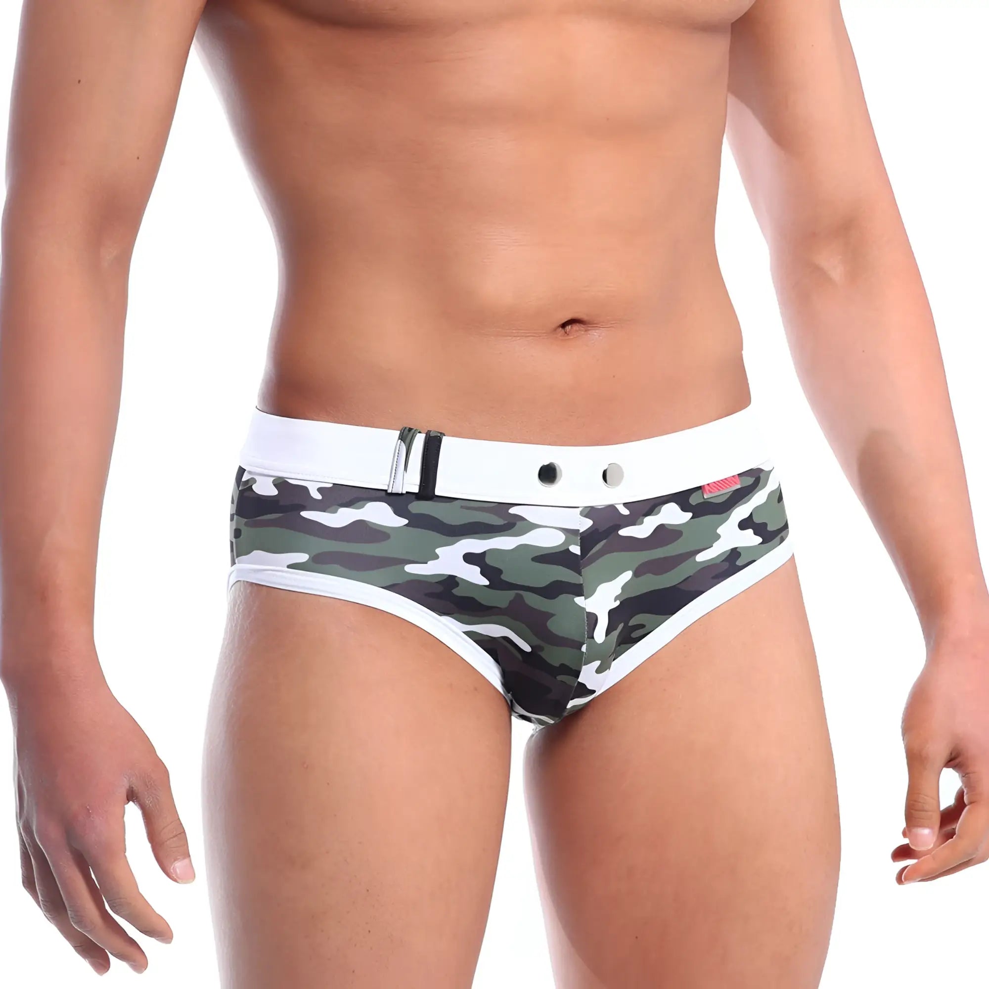 Metro malewear swim brief green camo features green and white camouflage pattern with white waistband and silver hardware