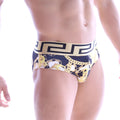 MetroMaleWear swim brief lujos 4916-97 in navy blue and gold chain pattern with cream greek key waistband for men