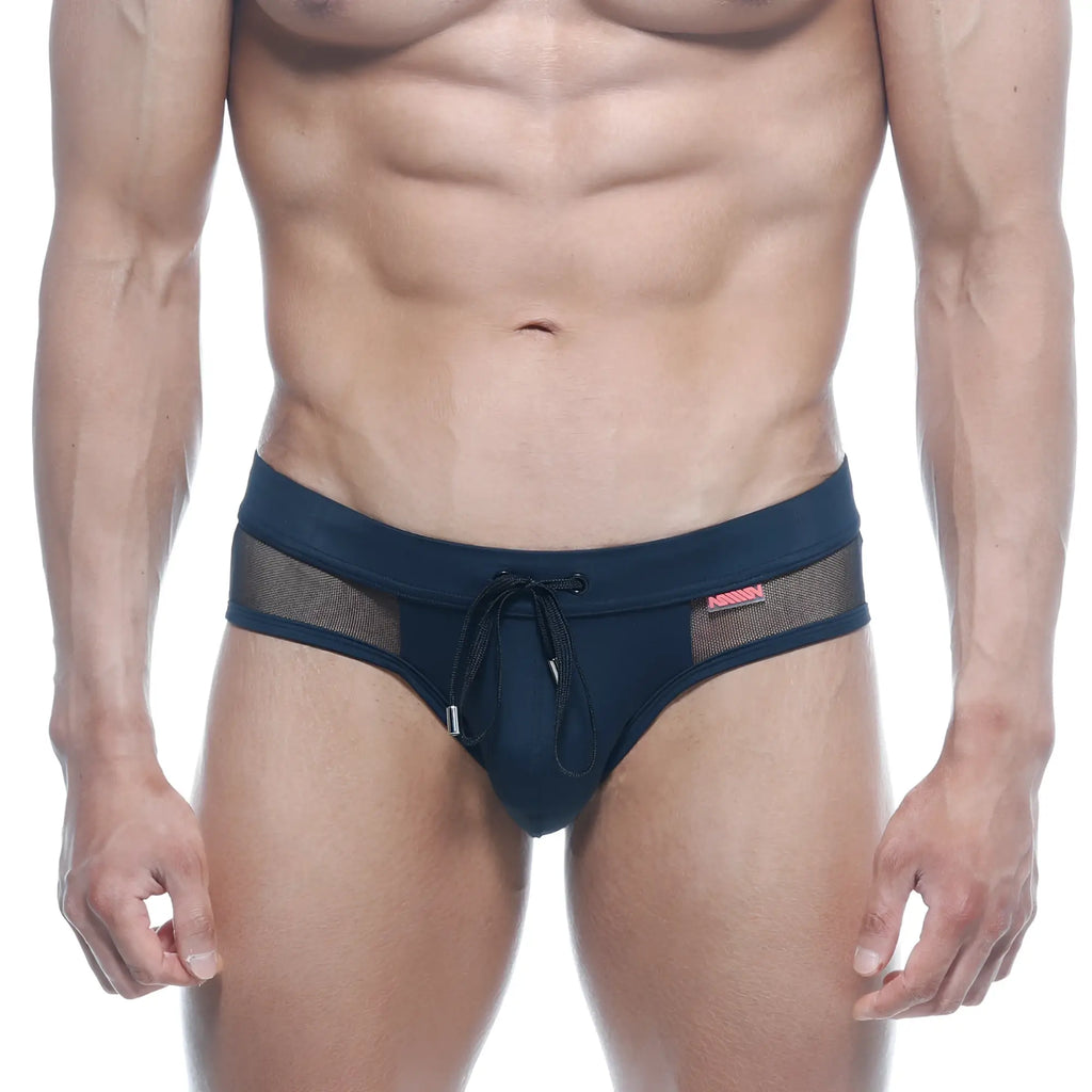 Navy blue swim trunks with mesh side panels and drawstring waistband by MetroMaleWear swim brief negro 4953-20
