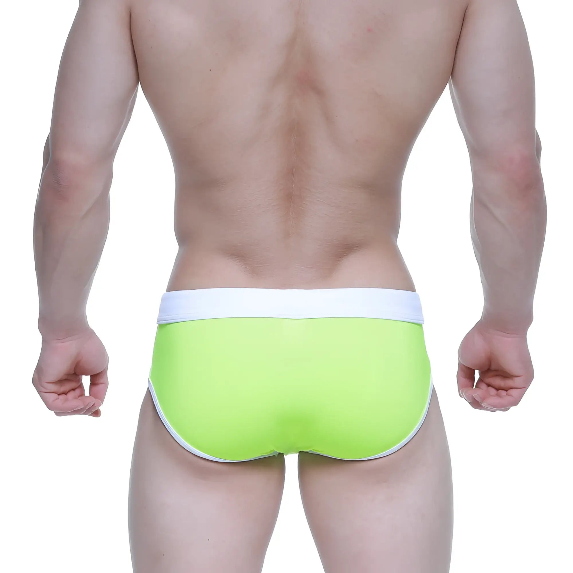 Bright lime green MetroMaleWear swim briefs with white waistband and trim designed for comfortable swimming
