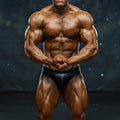 A muscular male bodybuilder wearing black glossy metro malewear swim brief solid black 4946-19 front view