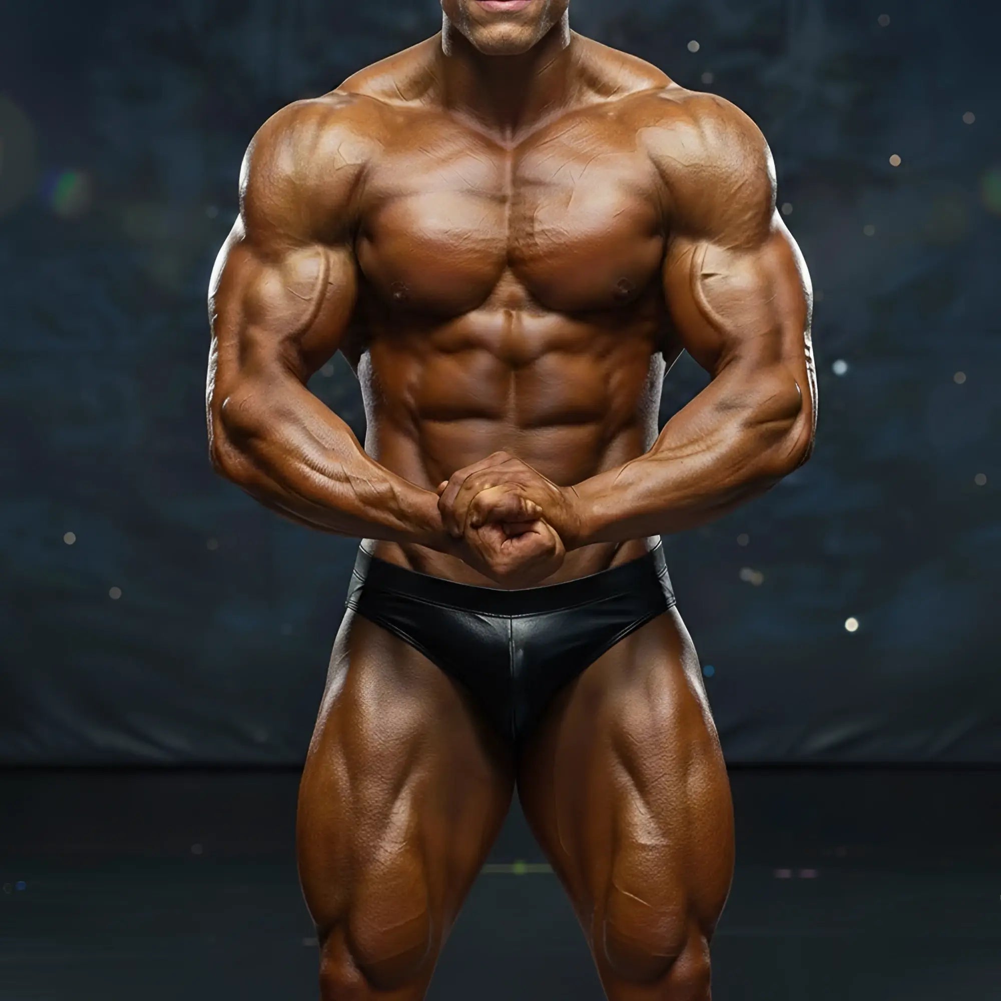 A muscular male bodybuilder wearing black glossy metro malewear swim brief solid black 4946-19 front view