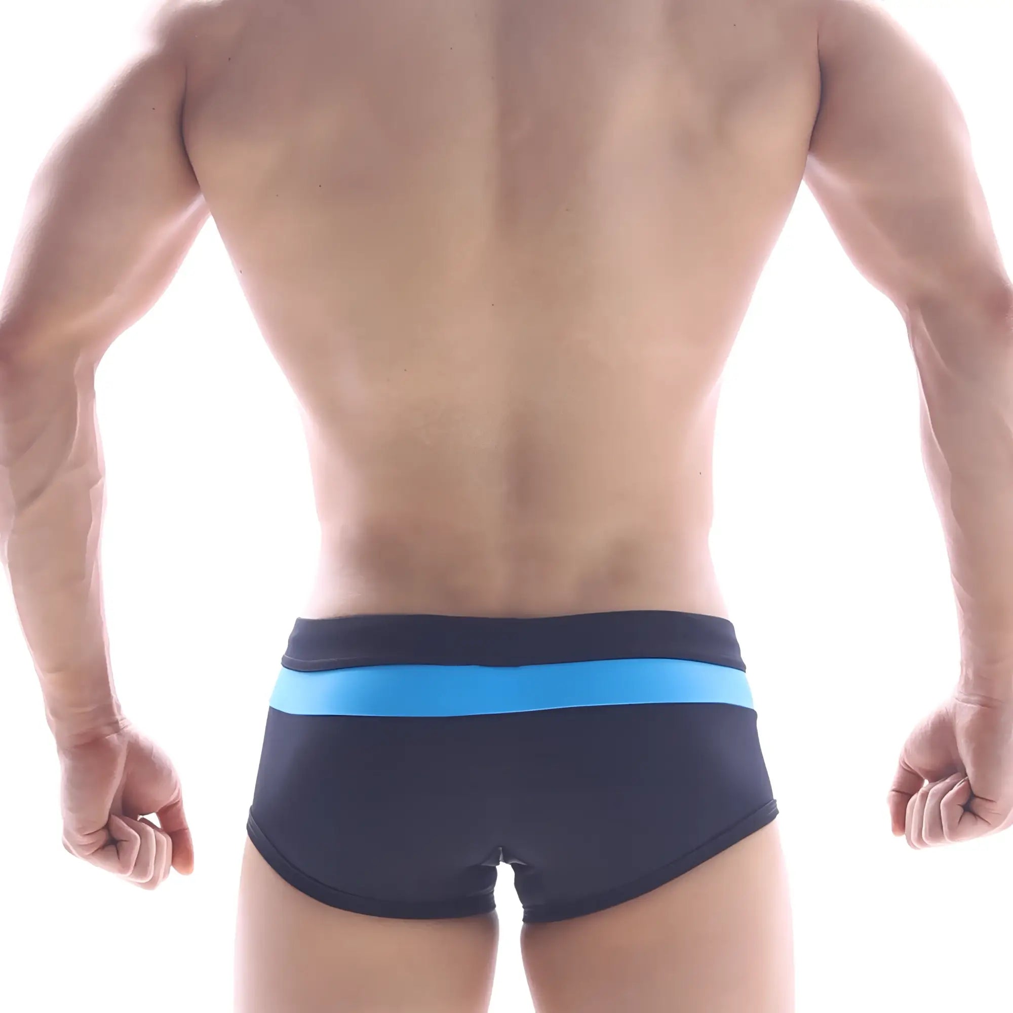 Black swim trunks by MetroMaleWear with bright blue horizontal stripe on waistband for stylish beachwear