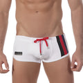 White swim trunks with red and navy vertical side stripes and matching red drawstring tie MetroMaleWear Taegeuk Swim Boxer