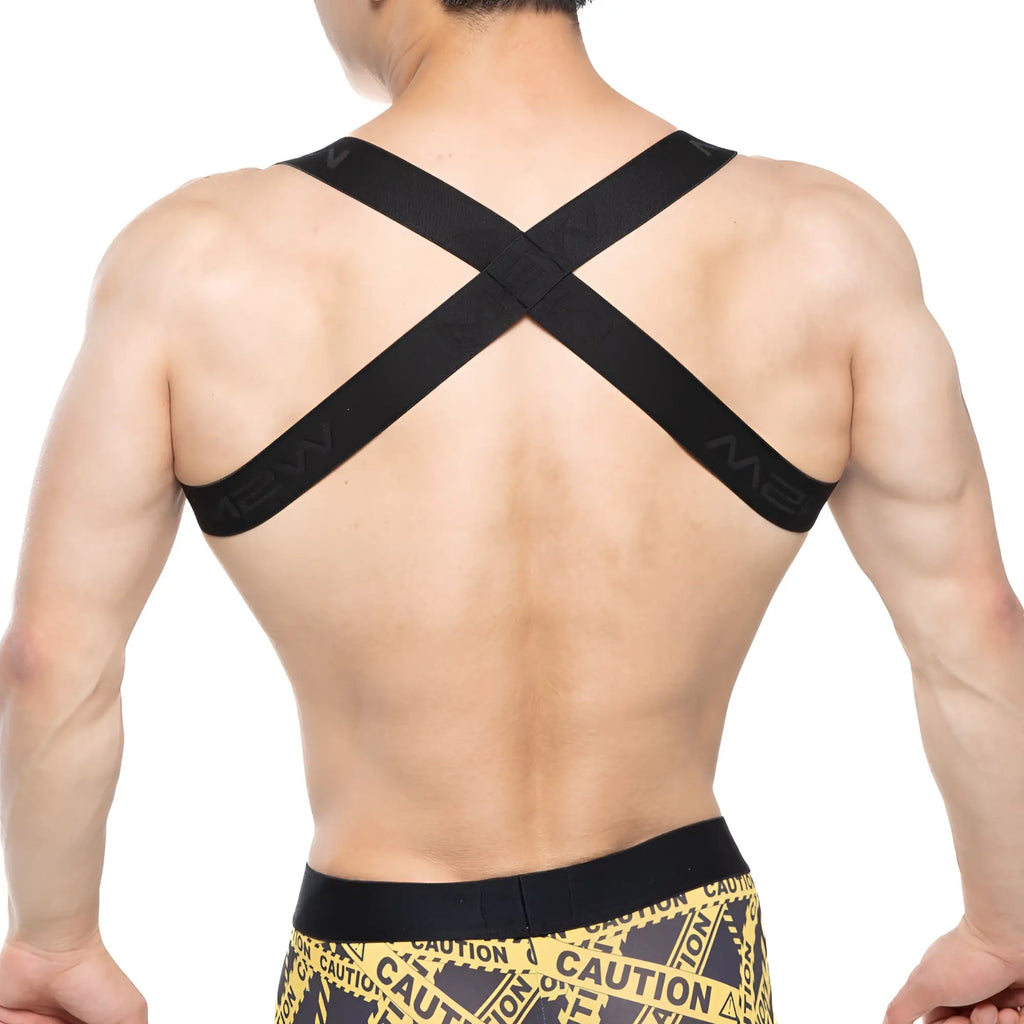 Black metro malewear tank top harness back view featuring cross-back support strap with m2 branding